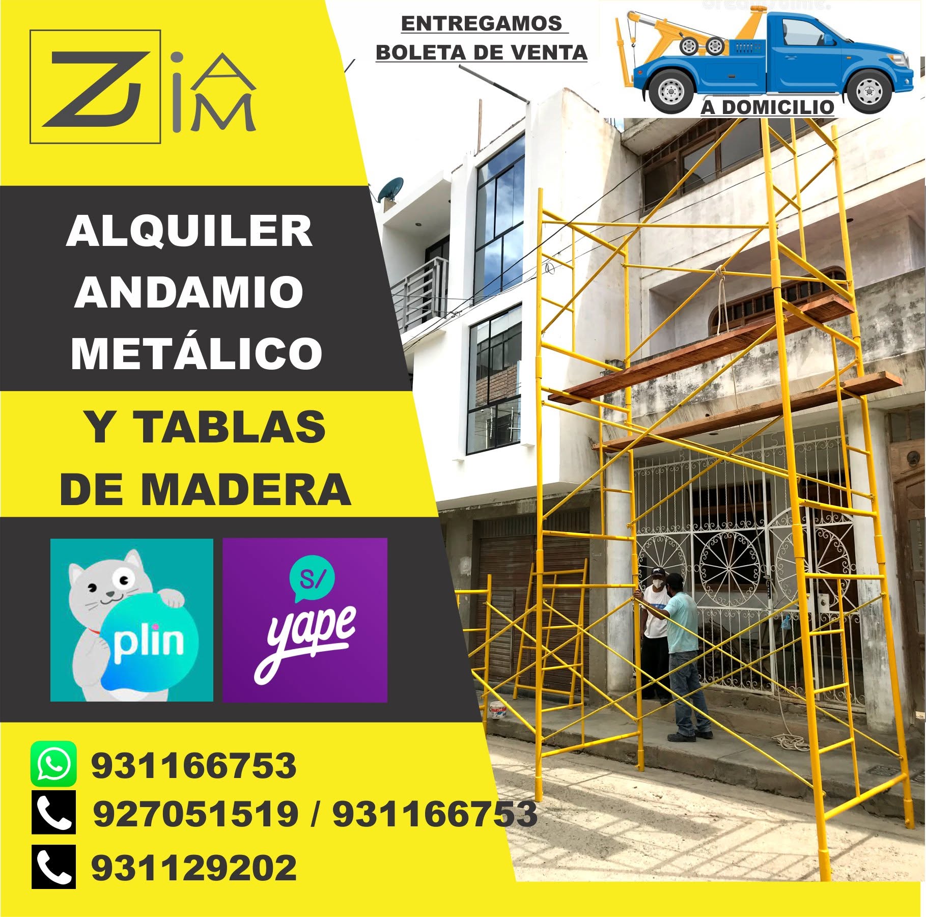 Andamio metálico con tablas de madera en Huánuco